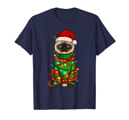 Siamese Cat Christmas Lights Funny Santa Holiday Cats T-Shirt