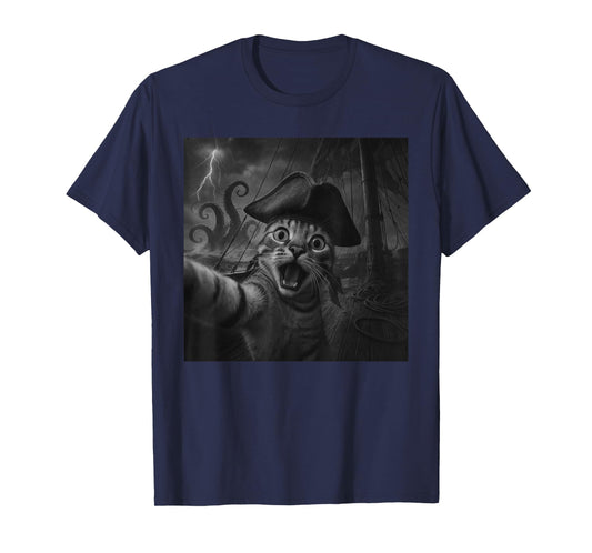Cat Selfie with Kraken Octopus Funny Meme Men Women Kids T-Shirt