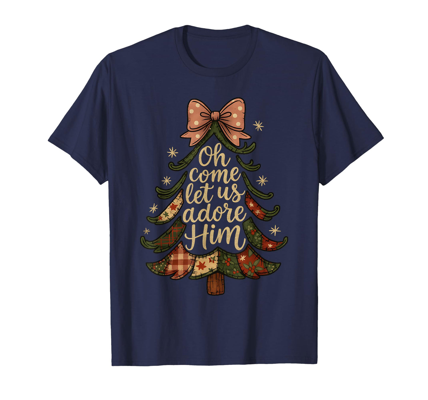 Oh Come Let Us Adore Him Patchwork Christmas Tree Art T-Shirt