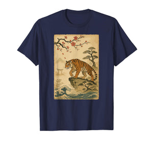 Japanese Tiger Art Cherry Blossom Wave Samurai Aesthetic T-Shirt
