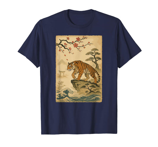 Japanese Tiger Art Cherry Blossom Wave Samurai Aesthetic T-Shirt