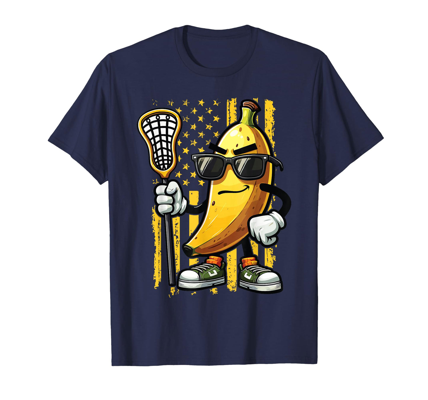 Banana Playing Lacrosse Sunglasses American Flag Funny T-Shirt