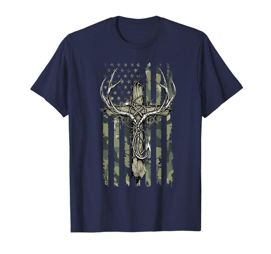 Deer Antlers Fishing Hook Christian Cross Camo Flag Men Boys T-Shirt