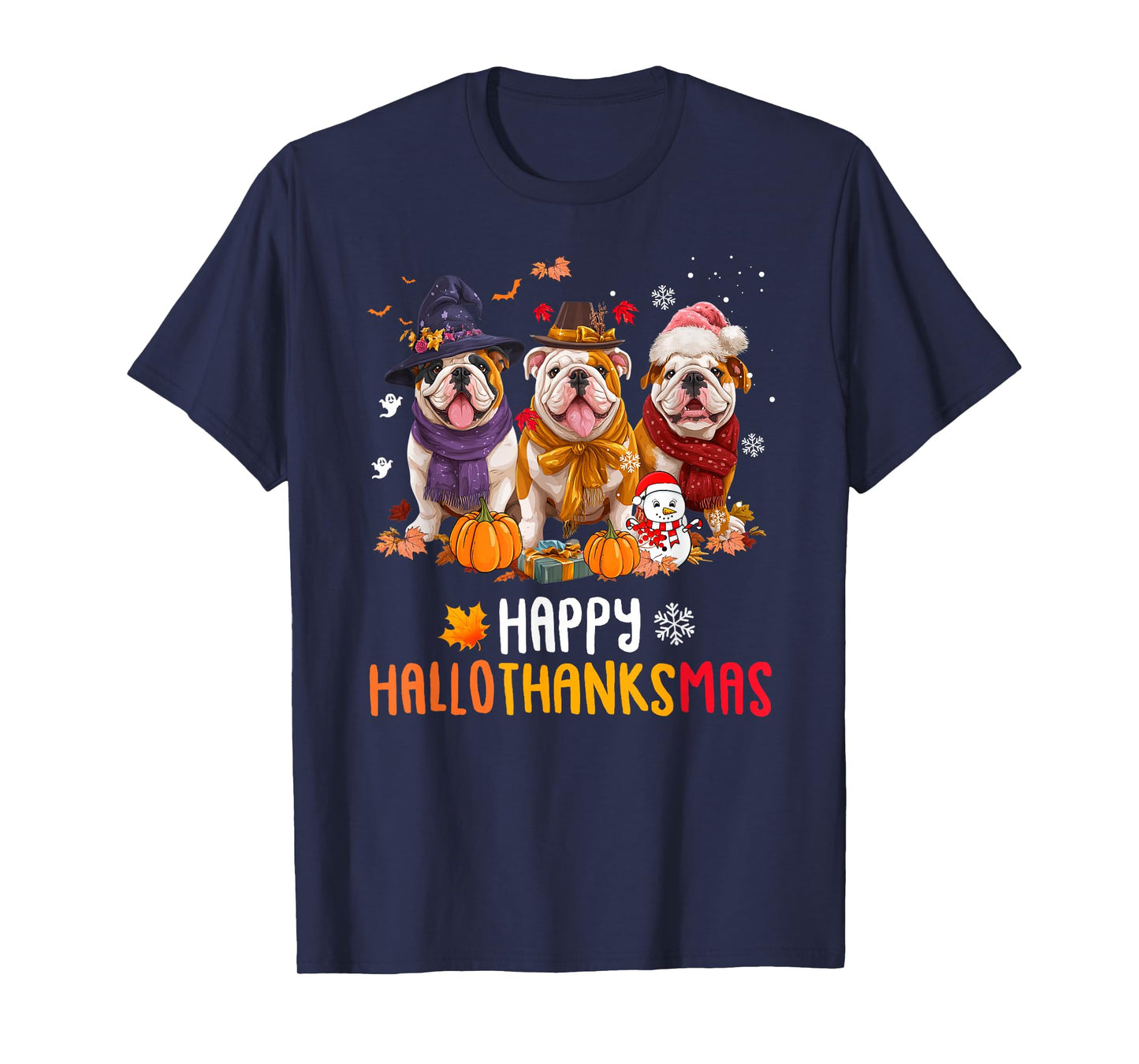 Bulldog Dog Christmas Happy Hallothankmas Thanksgiving T-Shirt