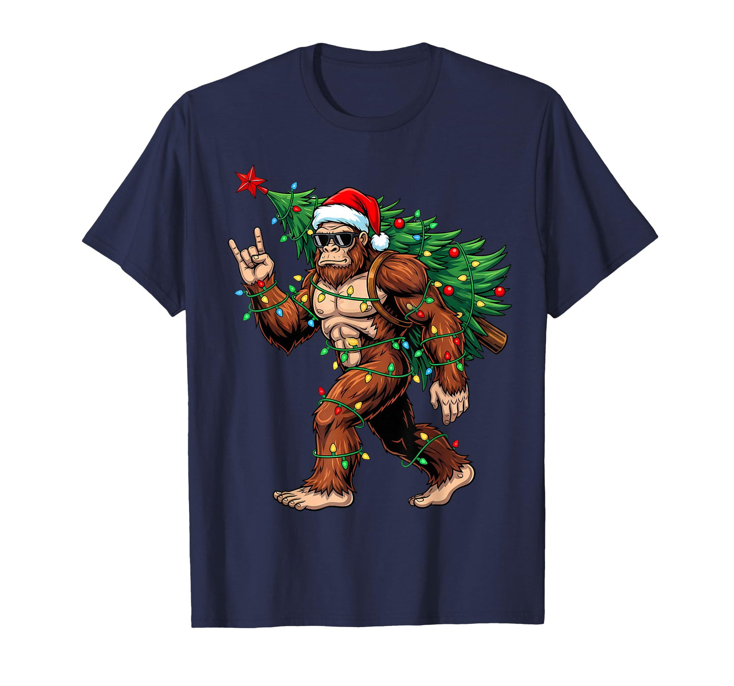 Santa Bigfoot Christmas Tree Xmas Lights Funny Sasquatch Men T-Shirt