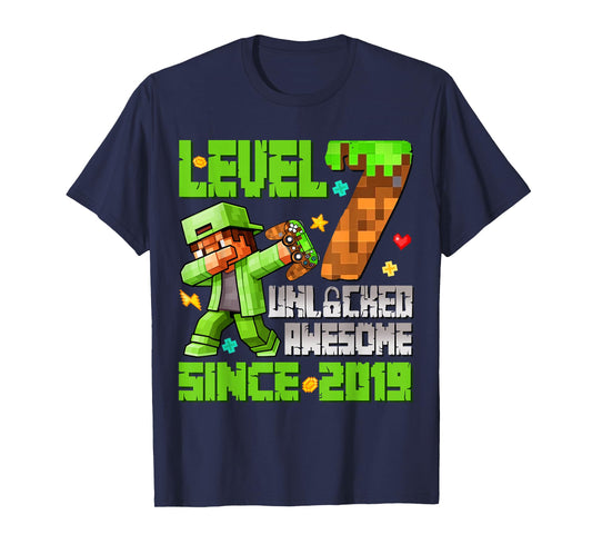 Level 7 Unlocked Awesome Since 2019 7th Birthday Game Pixel T-Shirt