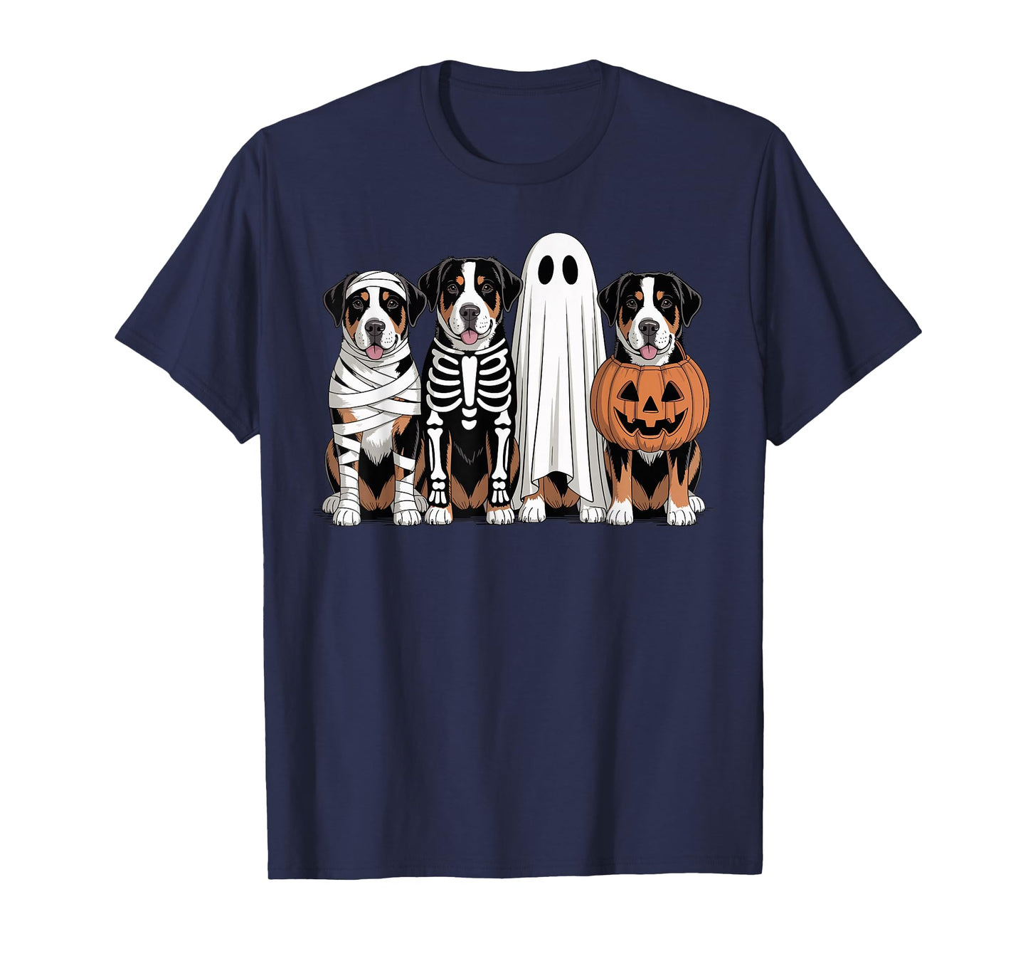 Spooky Ghost Greater Swiss Mountain Dog Halloween Skeleton T-Shirt