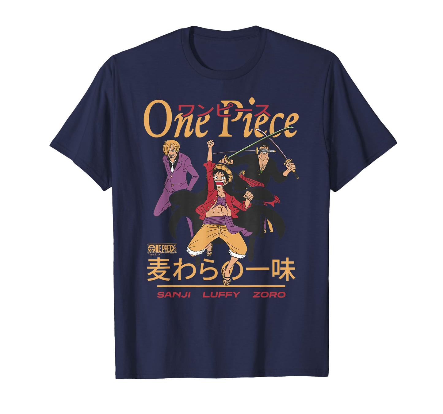 One Piece Anime Sanji Luffy Zoro Kanji Collage Pirate T-Shirt