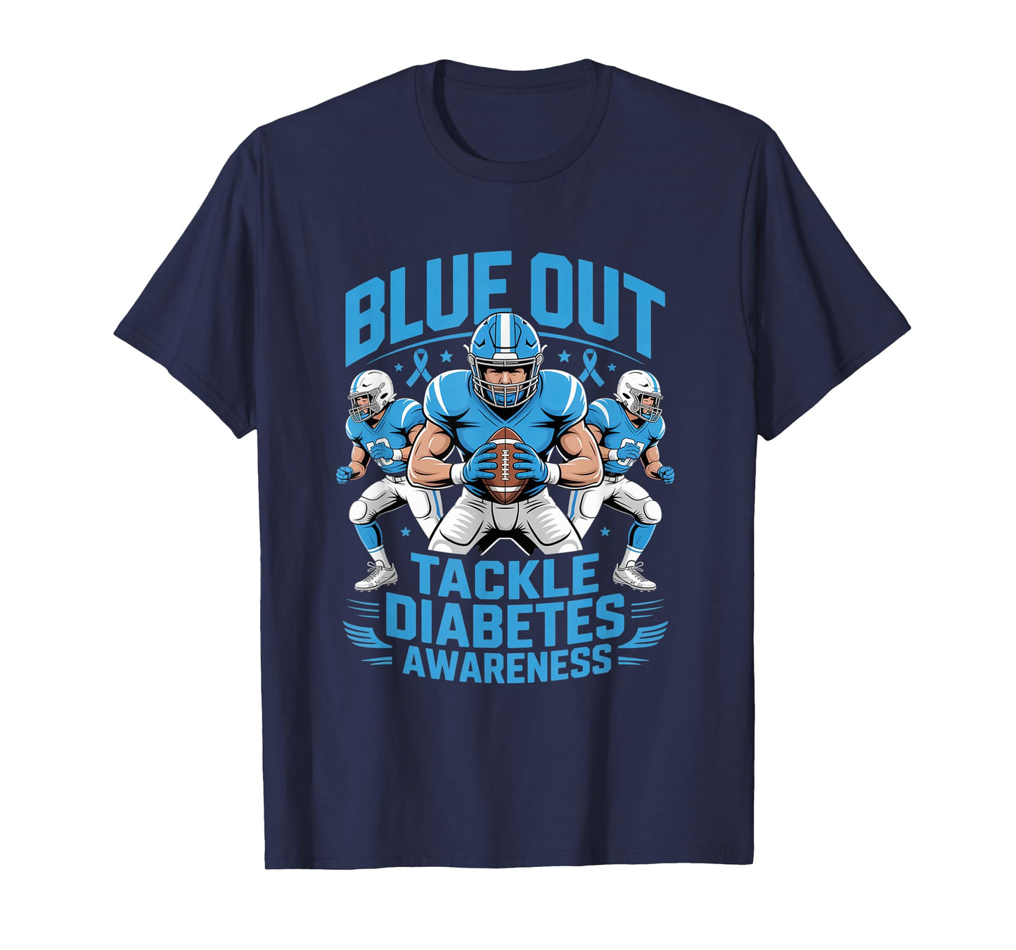 Blue Out Tackle Diabetes Awareness Football Blue Ribbon T-Shirt