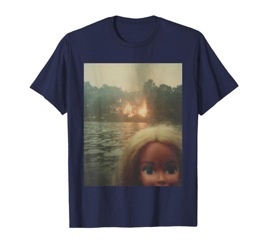 Funny Chaotic Doll Face Selfie Meme Background House on Fire T-Shirt