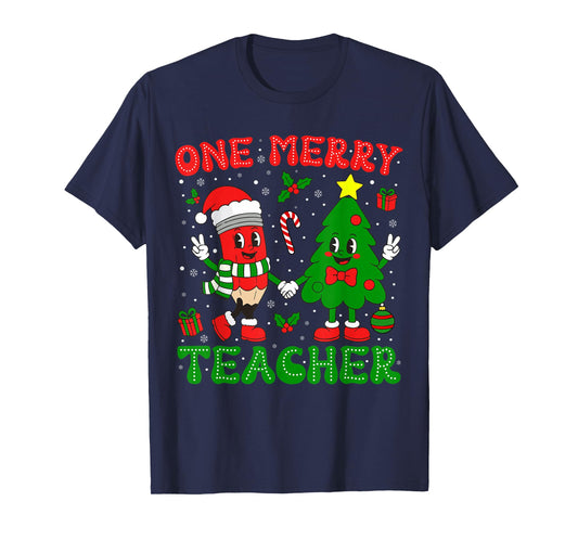 One Merry Teacher Groovy Christmas Tree Xmas Teacher T-Shirt