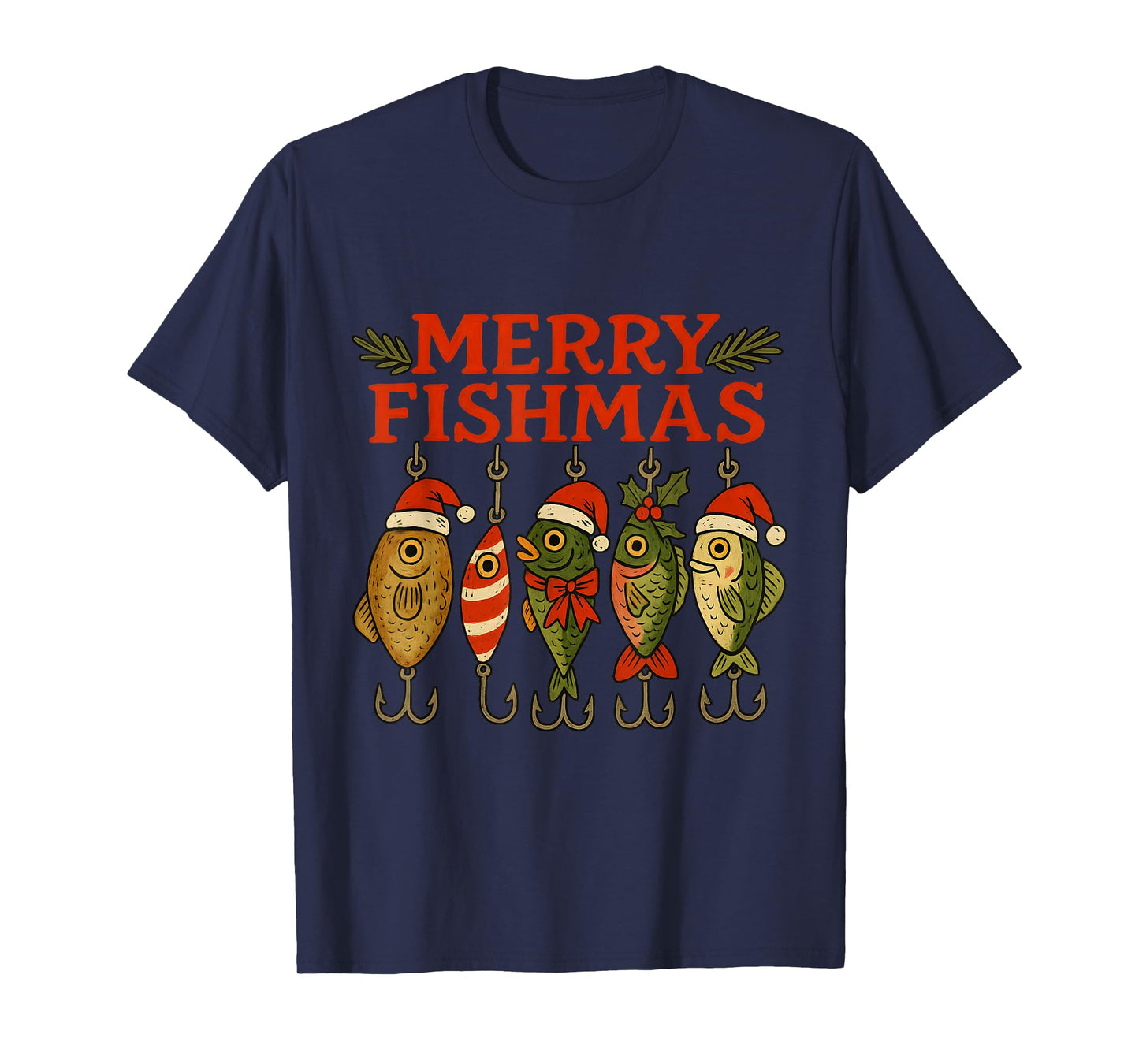 Merry Fishmas Funny Fishing Christmas Holiday Pun Design T-Shirt