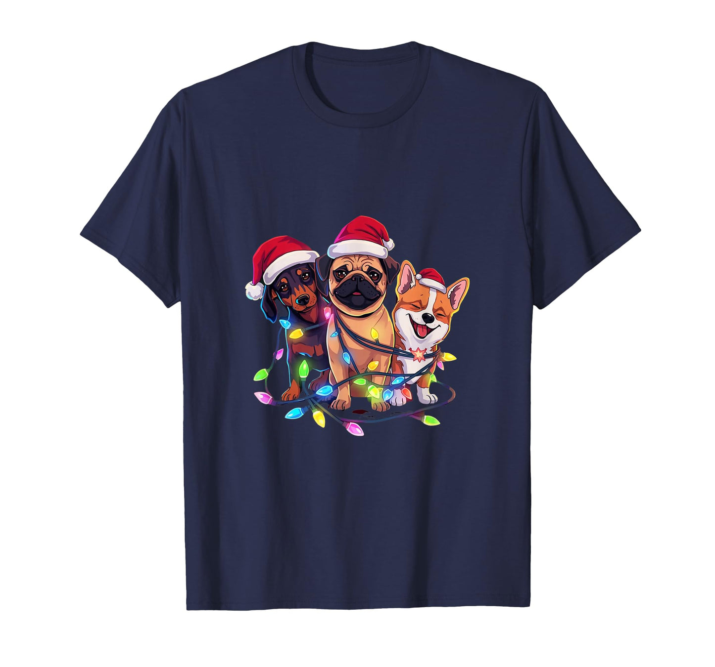 Festive Christmas Dogs with Lights and Santa Hats T-Shirt