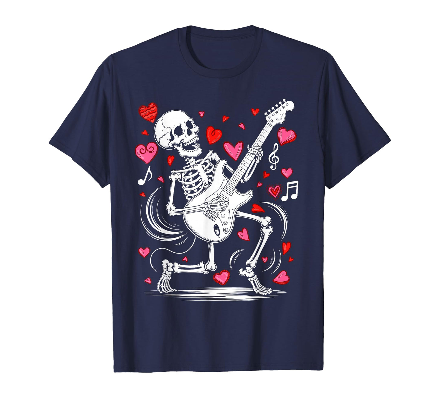 Funny Valentine Skeleton Playing Guitar Rock and Roll T-Shirt