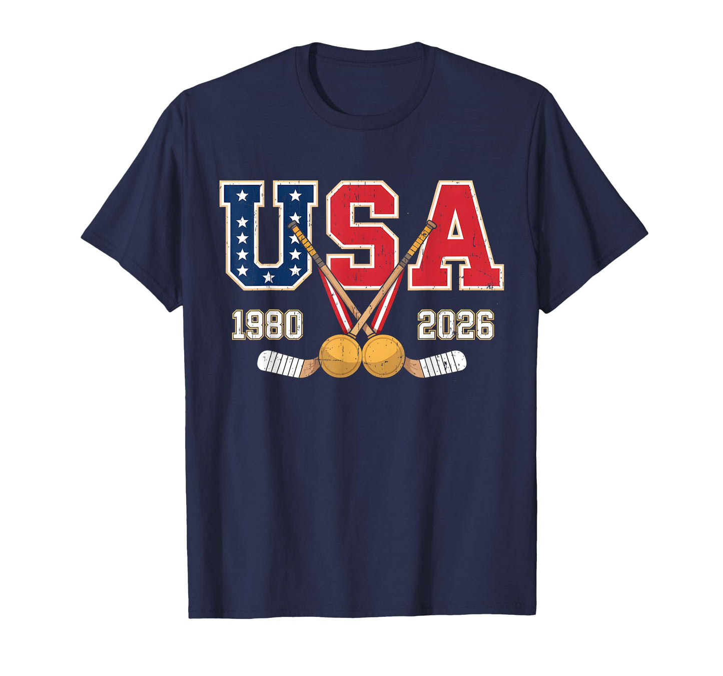 1980 and 2026 Hockey Vintage USA Crossed Sticks Patriotic T-Shirt