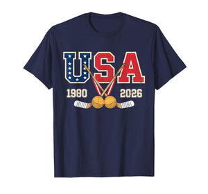 1980 and 2026 Hockey Vintage USA Crossed Sticks Patriotic T-Shirt