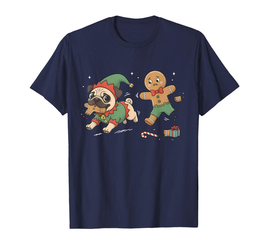Funny Gingerbread Chasing Pug Christmas Dog Mom Pug Lovers T-Shirt