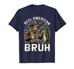 Reel American Bruh Bigfoot USA Flag Camo Fishing T-Shirt