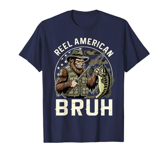 Reel American Bruh Bigfoot USA Flag Camo Fishing T-Shirt