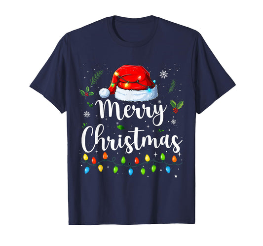 Merry Christmas Lights Santa Hat Xmas Family Matching Pajama T-Shirt