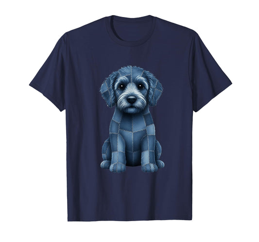 Funny Goldendoodle Dog Blue Denim Patchwork Pattern T-Shirt