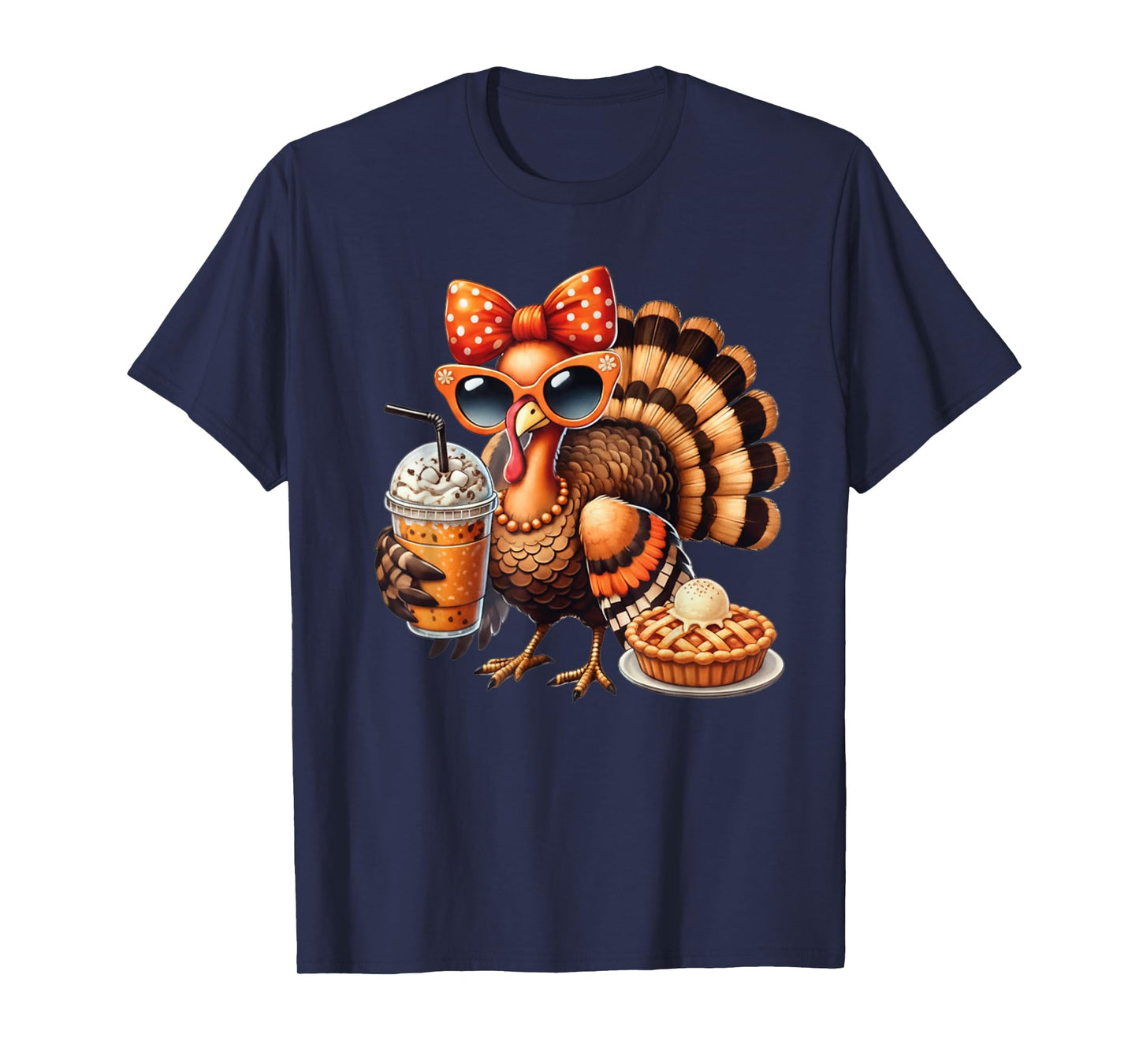 Turkey Drinking Coffee Bow Thanksgiving Womens Turkey Day T-Shirt