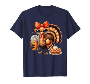 Turkey Drinking Coffee Bow Thanksgiving Womens Turkey Day T-Shirt
