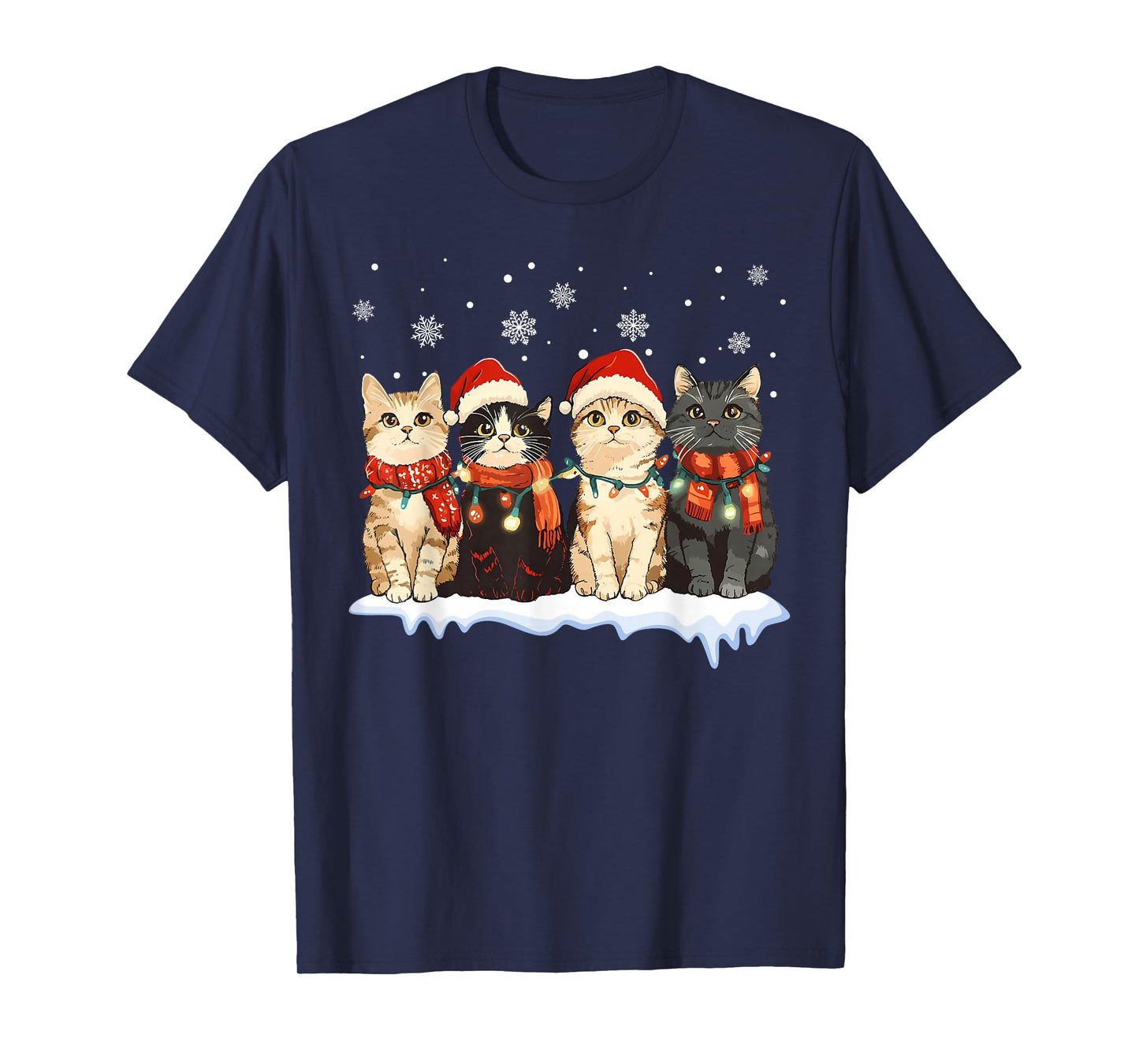Cat Christmas Light Reindeer Santa Christmas Cat Lover T-Shirt