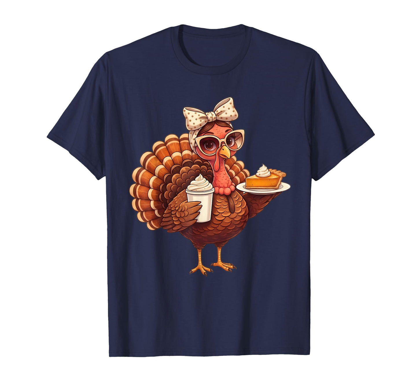 Turkey Drinking Coffee Thanksgiving Bow Turkey Day Womens T-Shirt