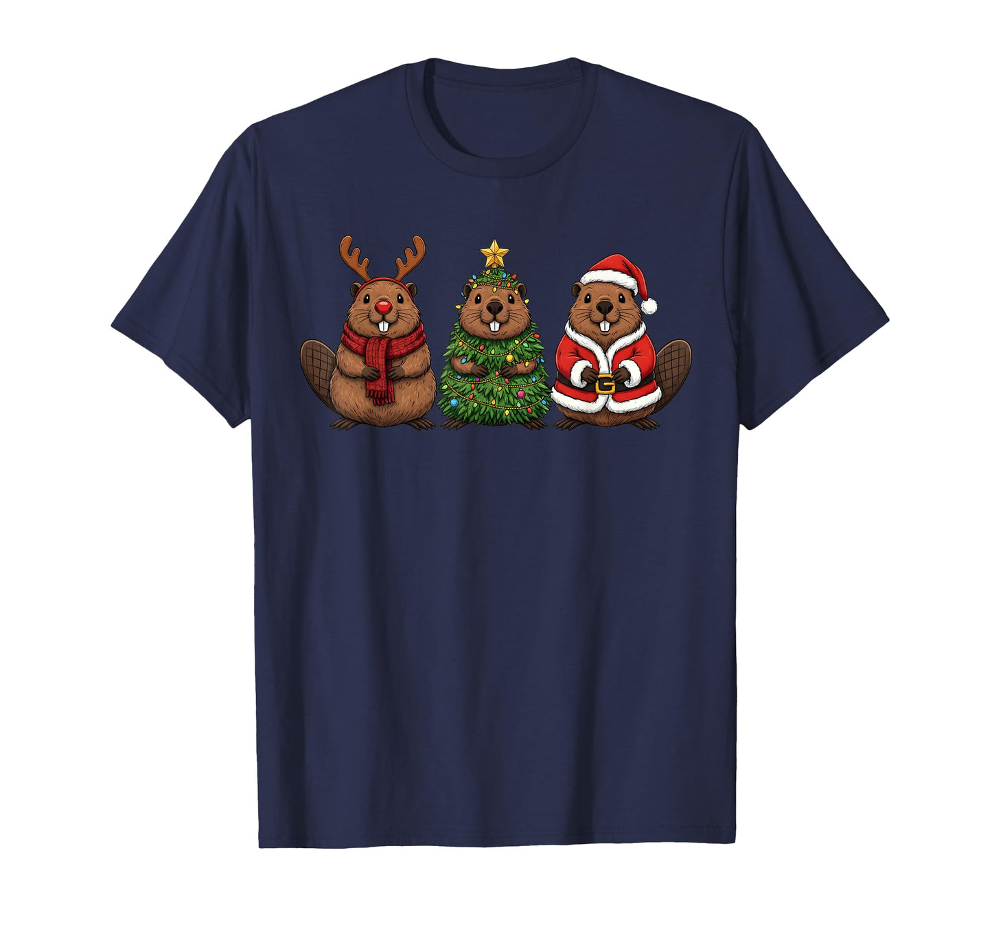 Retro Christmas Beaver Santa Reindeer T-Shirt