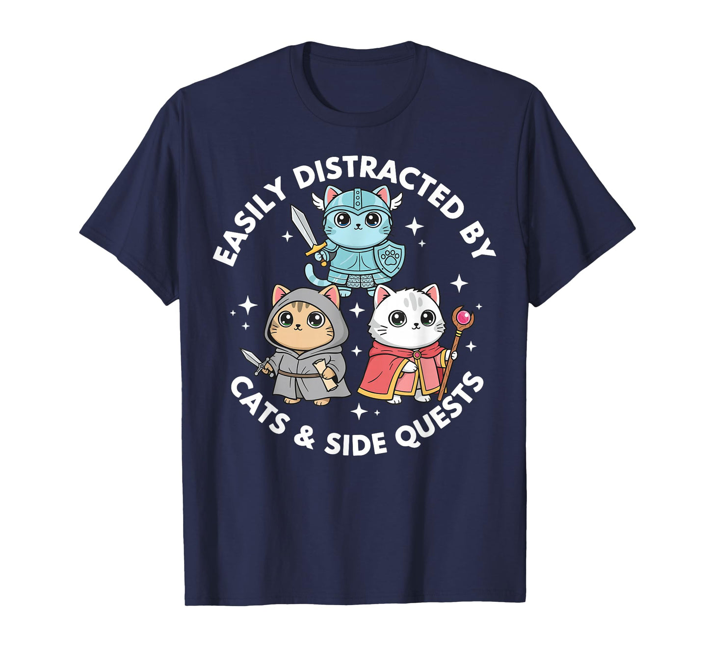 Easily Distracted by Cats & Side Quests Role-Playing Fantasy T-Shirt