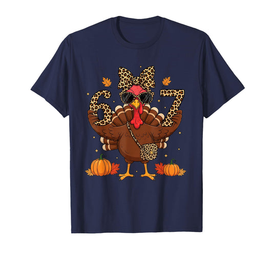 Funny 6 7 Thanksgiving Leopard Bow Turkey six Seven Teacher T-Shirt