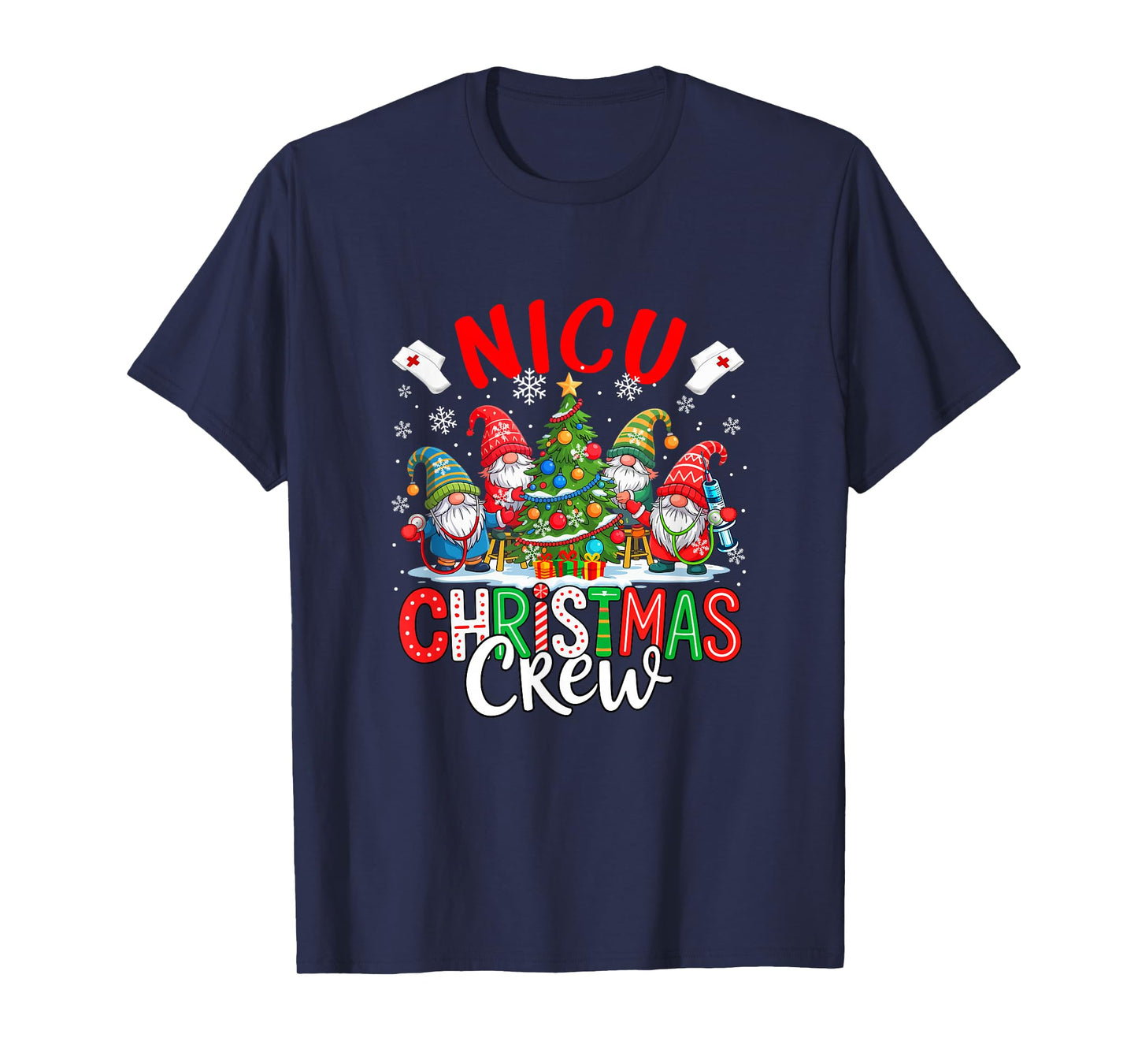 NICU Christmas Crew Group Gnomes Nurses Decorating Xmas Tree T-Shirt