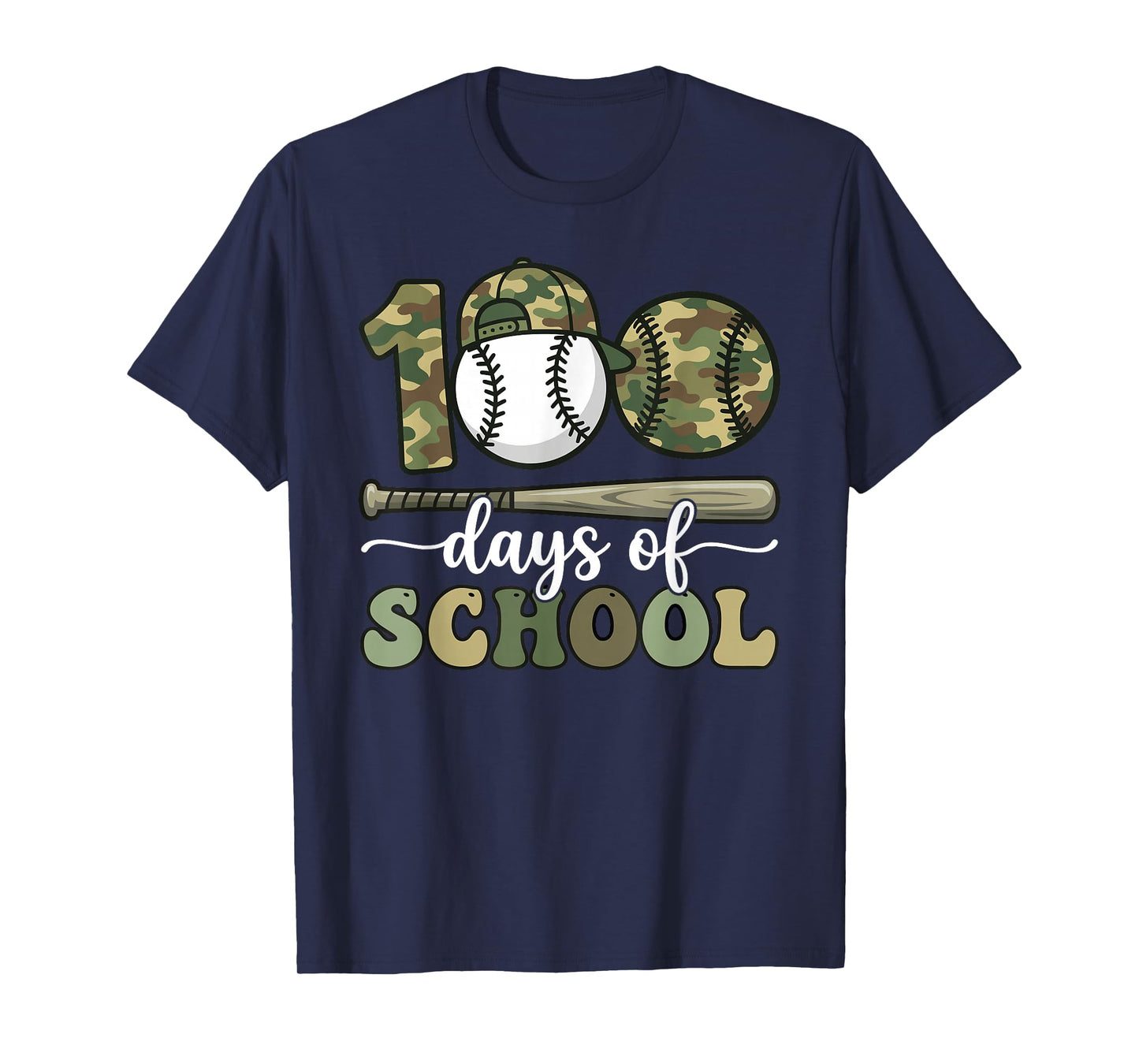 100 Days of School Baseball Camo Art for Boys Kids Students T-Shirt