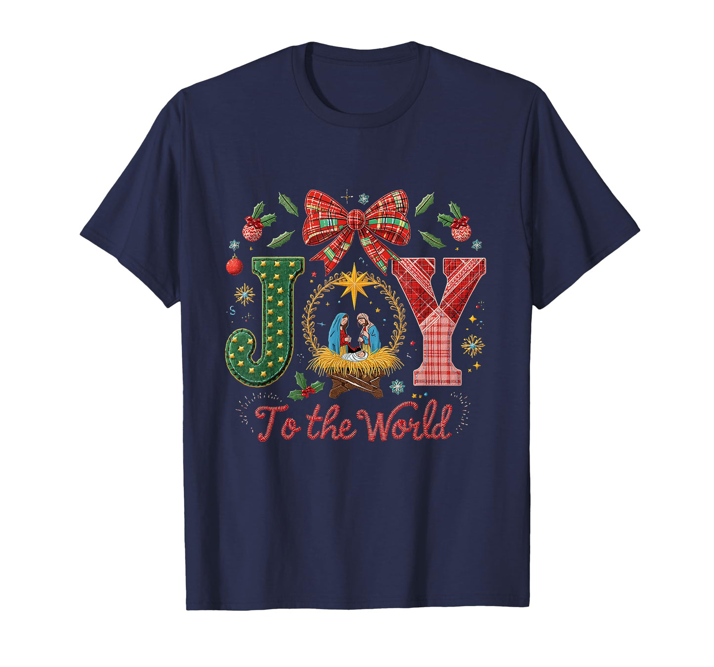 Joy to The World Patchwork Nativity Christmas T-Shirt