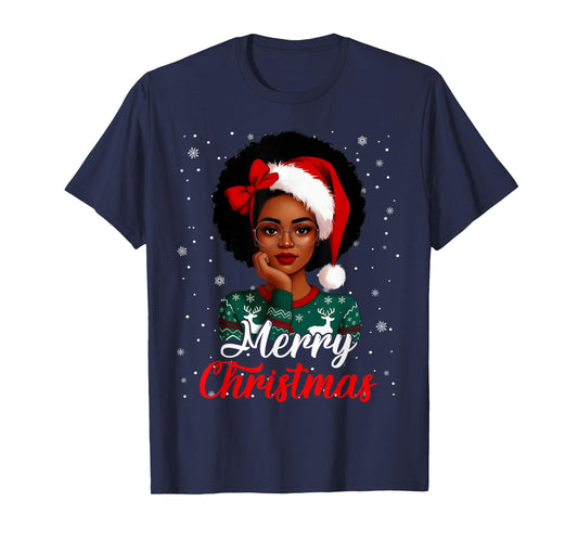 Black Girl Afro Santa Hat Merry Christmas African American T-Shirt