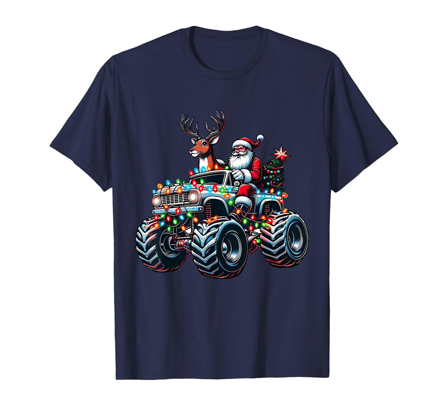 Retro Funny Santa Driving Monster Truck Reindeer Xmas Tree T-Shirt