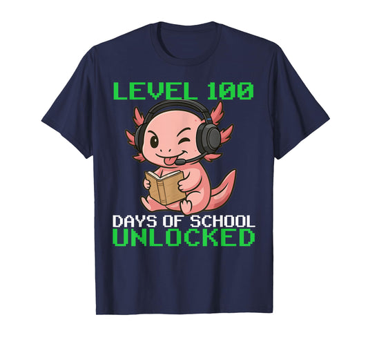 100th Days of School Axolotl Gaming Level 100 Unlocked T-Shirt