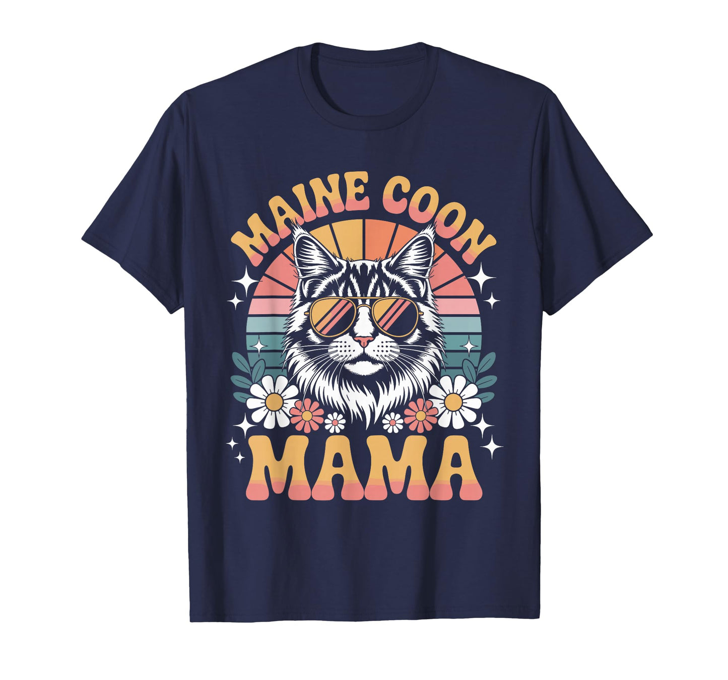Maine Coon Cat Mama Floral Vintage 60s 70s Sunglasses T-Shirt