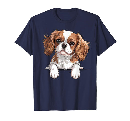Cavalier King Charles Spaniel Funny Peeking Pocket Puppy Dog T-Shirt