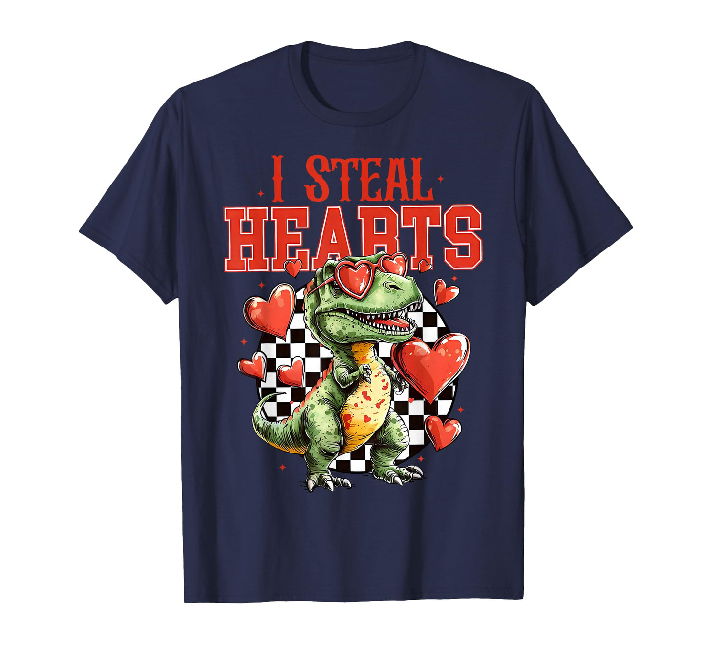Funny I Steal Hearts Dino Hearts Checkerboard Valentines Day T-Shirt
