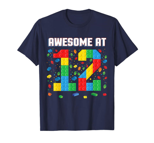 Awesome at 12 Year Old Birthday Kids Block Building Brick T-Shirt