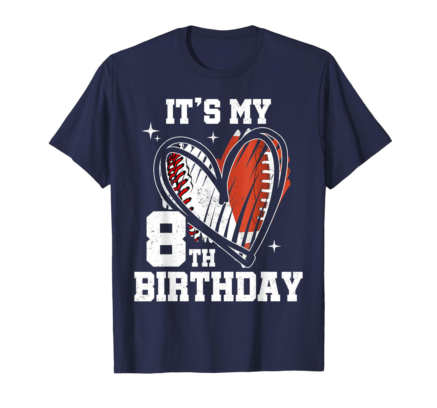 It's My 8th Birthday Baseball Football Heart 8 Year Old T-Shirt