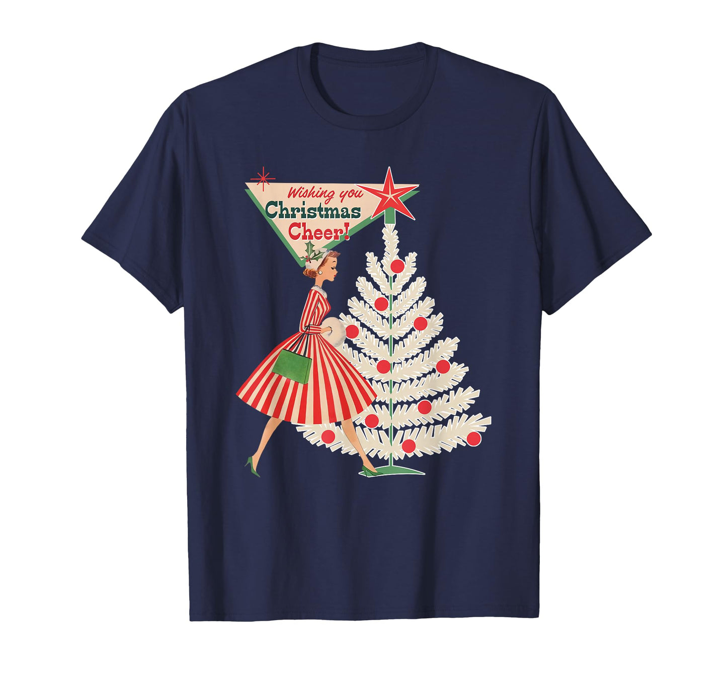 Vintage Retro 1950s Lady Wishing A Christmas Cheer Xmas Tree T-Shirt