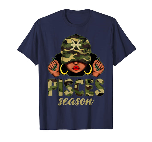 Pisces Season Black Woman Camo Hat Afro Girl Zodiac T-Shirt
