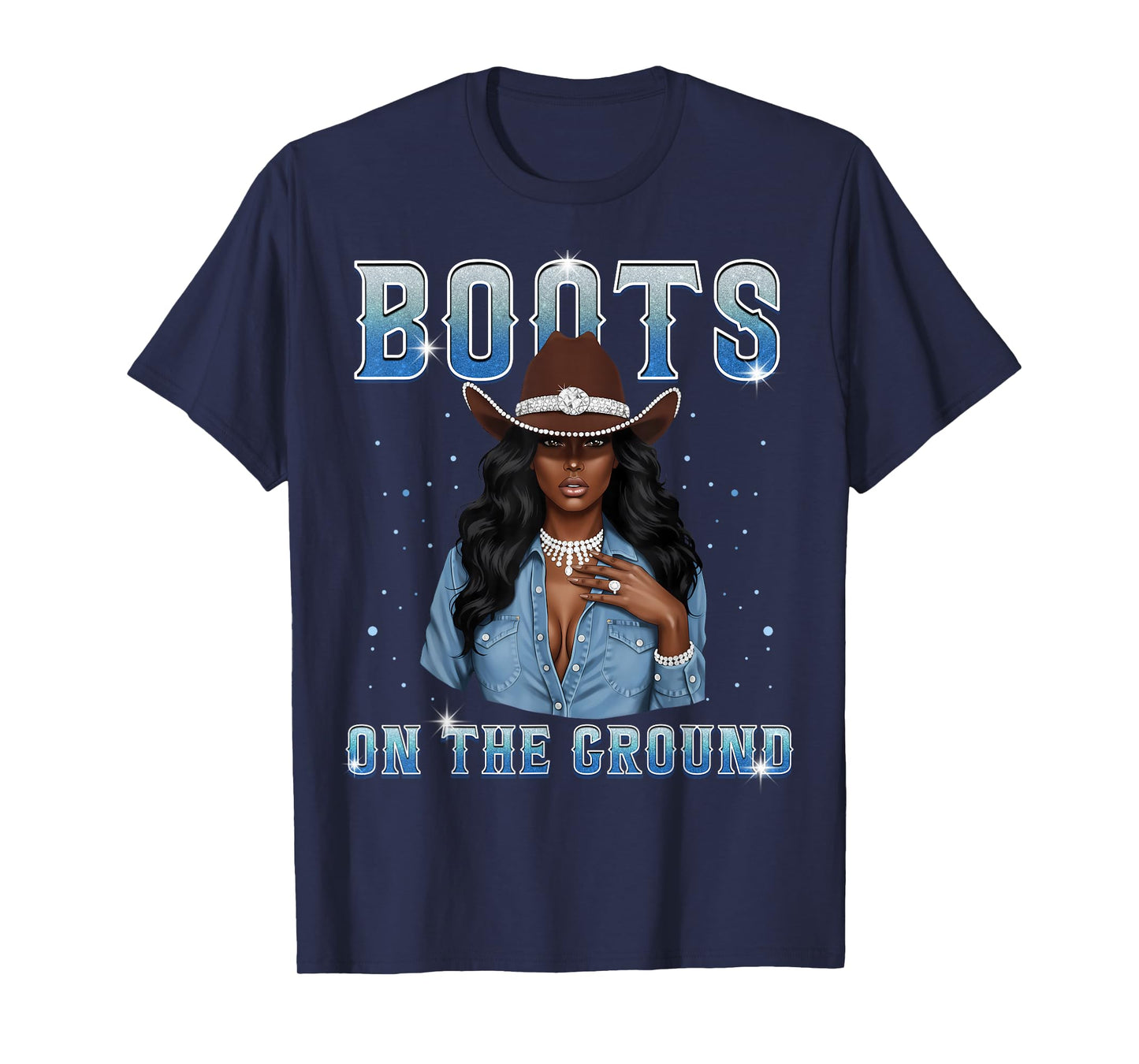 Afro Black Melanin Queen Western Cowgirl Hat Boots On Ground T-Shirt