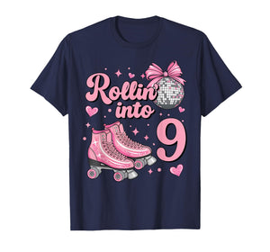 Rolling Into 9 Years Old Roller Skating Girl 9th Birthday T-Shirt