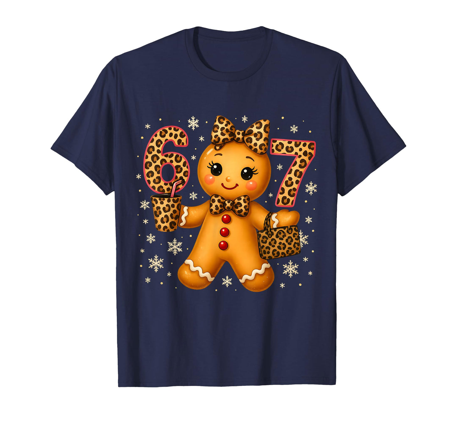 Funny 6 7 Christmas Leopard Bow Gingerbread Girls Women T-Shirt