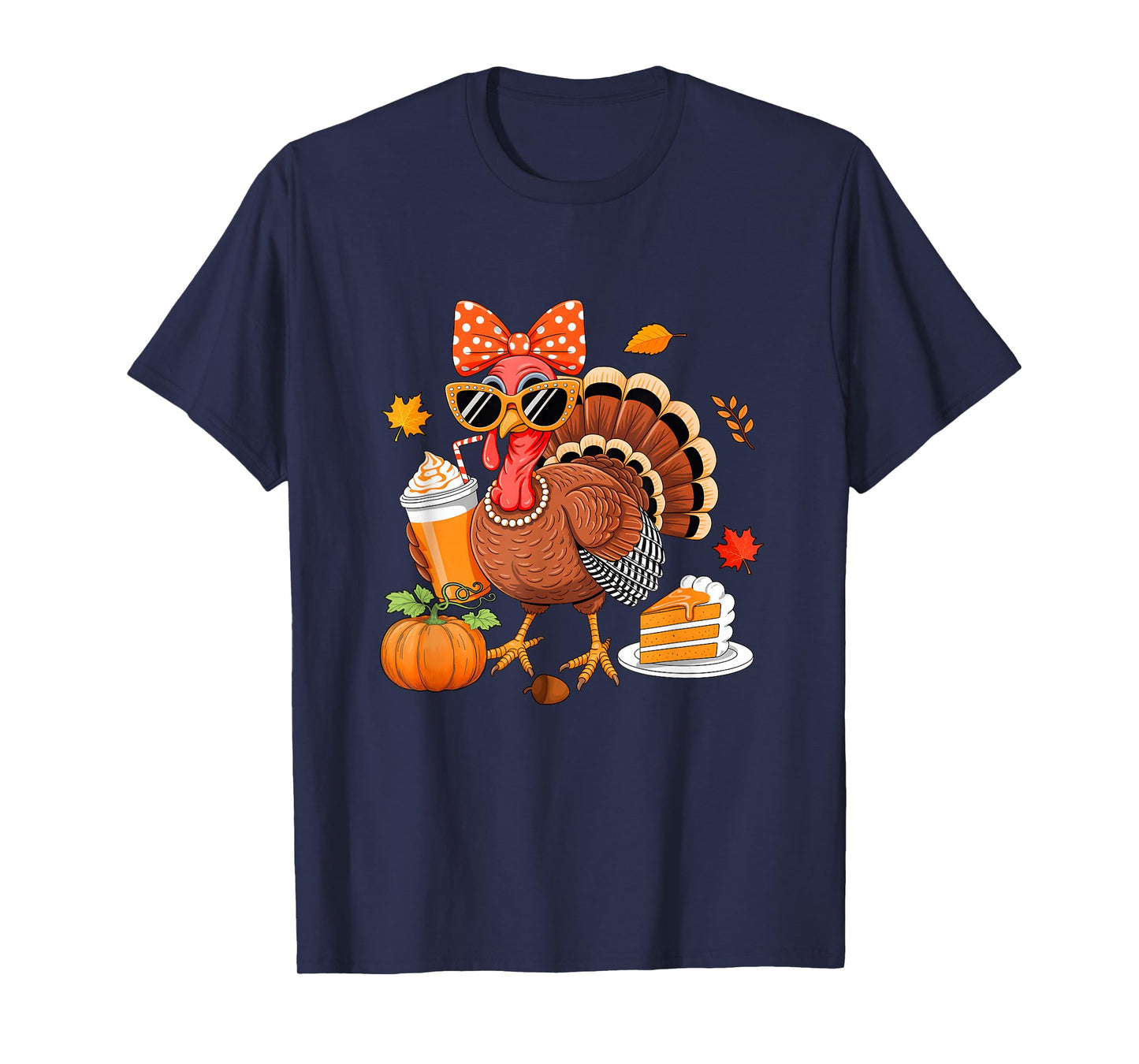 Turkey Drinking Coffee Bow Thanksgiving Womens Turkey Day T-Shirt