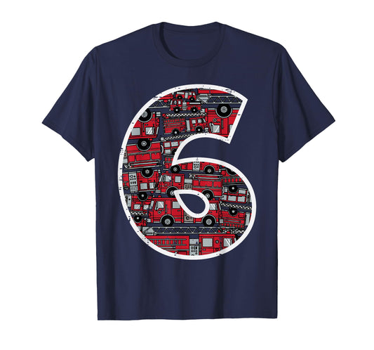 6th Birthday 6 Firetrucks Firefighter Fireman Bday Boys Kids T-Shirt
